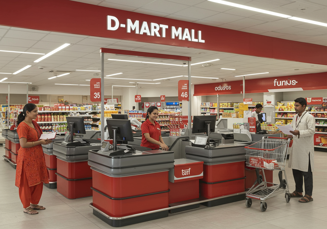 Modern checkout counters with friendly cashiers in D-Mart Mall uniform